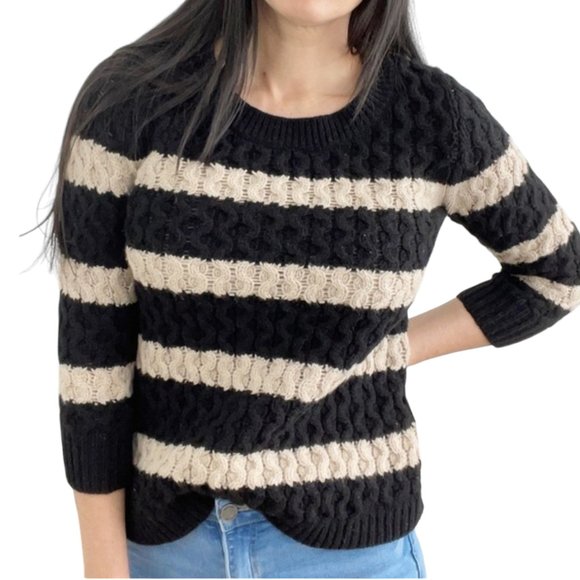 J Crew Women's Wool Striped Crew Sweater, Black Ivory, S - Picture 1 of 8